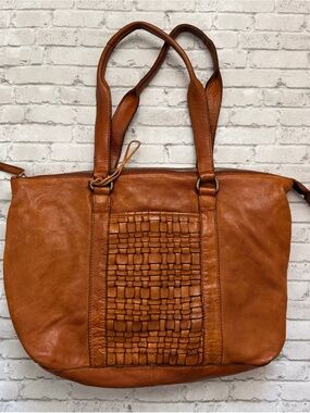 Vilenca Holland Woven Front Leather Tote Bag - Cognac
